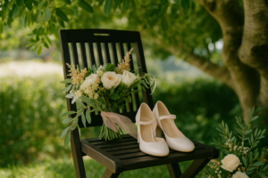 Elegant bridal shower setup with floral accents under the trees