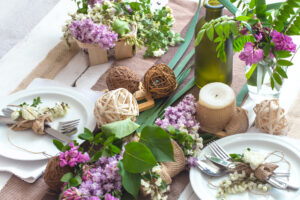 Bridal shower setup in the private garden with natural decor and tropical surroundings